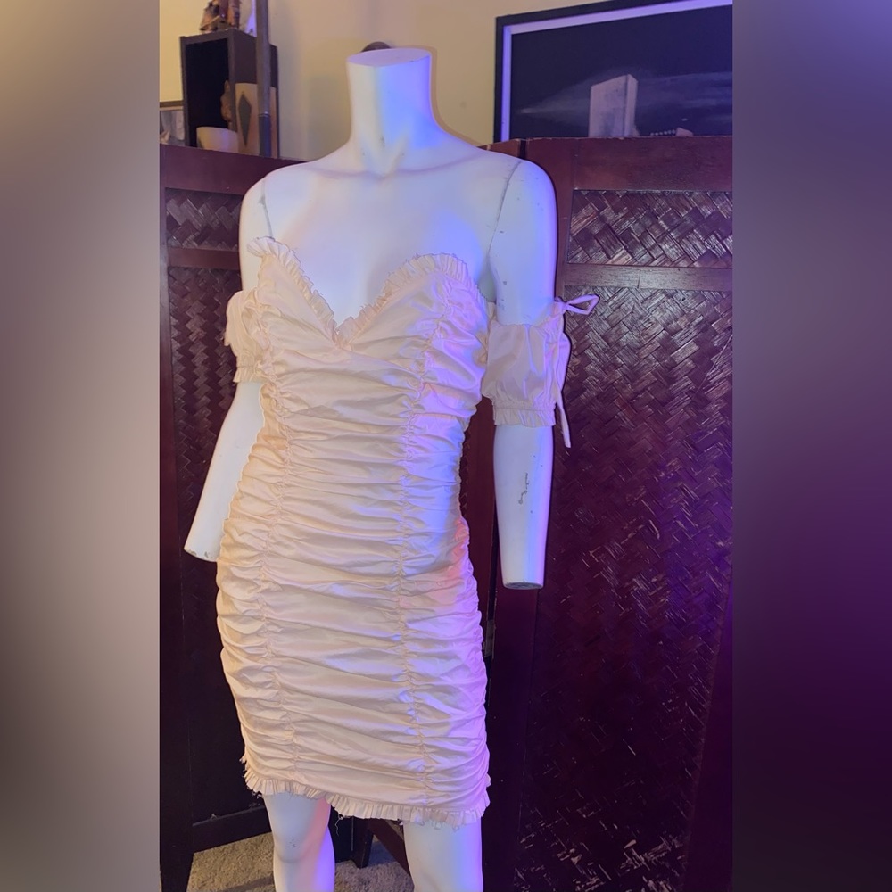 Ladies Coquette ruched Lolita mini beige ruffle cocktail dress quaint chic - Picture 4 of 12